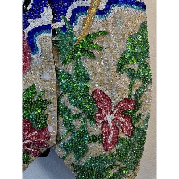 80s 90s Flamingo Sequin Sea Shell Vest Tropical Sparkle Palm Tree Large Beach - Picture 5 of 12